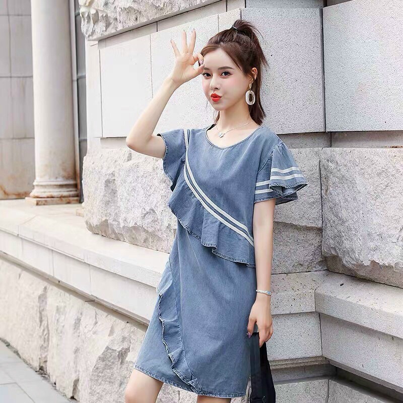 Đầm Jean Suông Phối Bèo - HN1008